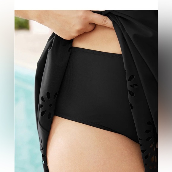 BloomChic Plus Size Laser Cut Ruched Drawstring A Line Swim Dress - Picture 5 of 7